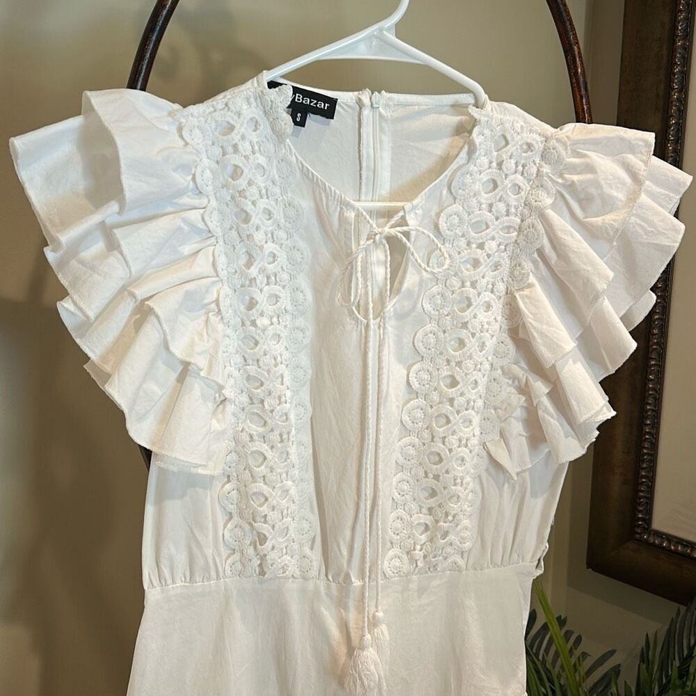 Darling White Crochet Trim Ruffled Dress - Picture 3 of 7